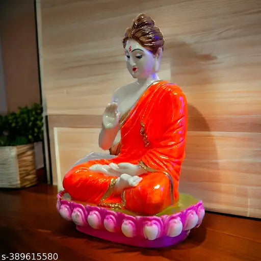 White polyresin meditating Buddha idol for home decor, DIY gifting items. Dimensions: 17cm L x 21cm H x 10cm B. Handcrafted Dhyana Mudra Buddha statue from India