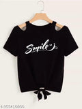 Black Lycra short-sleeved top with smile printed pattern, India