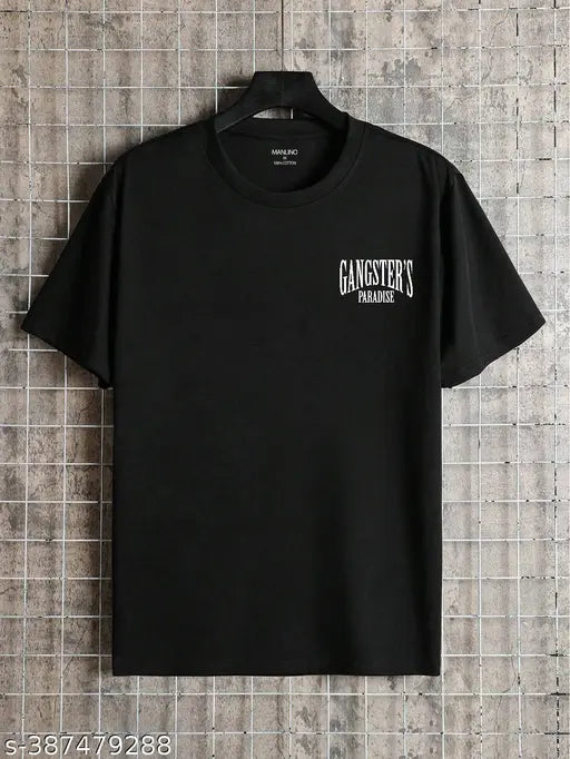Black cotton blend graphic printed men's half sleeve round neck t-shirt, timeless style and effortless versatility from Manlino Men in India