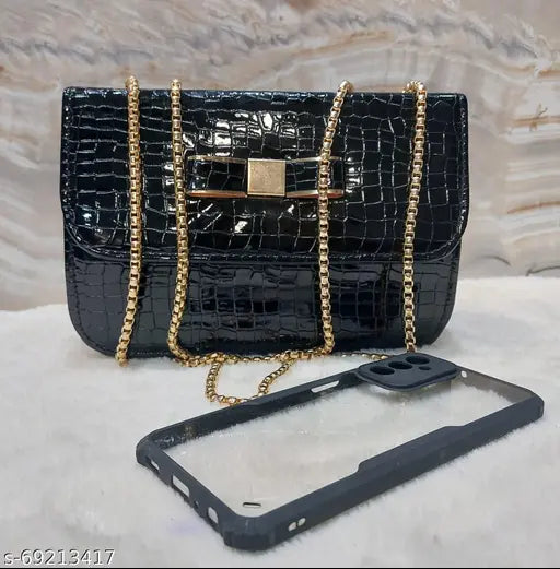 Black croc-patterned leather clutch purse with metal chain straps