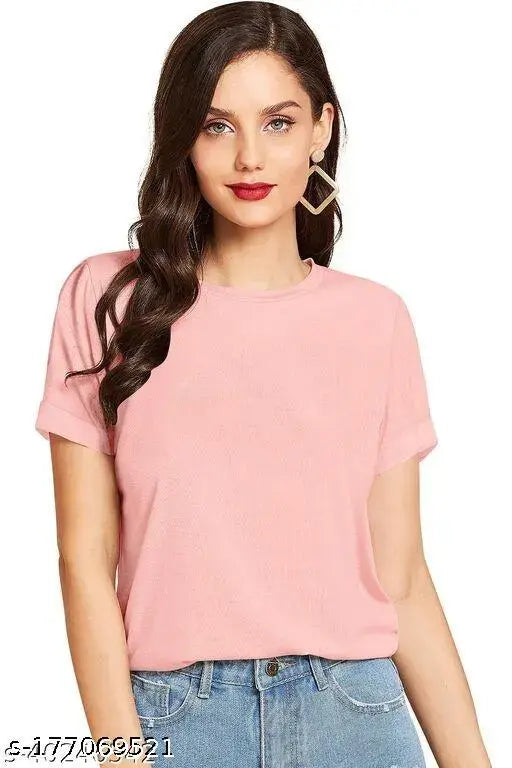 Baby Pink 100 Cotton T-shirt for Women & Girls - ELEVAJET Solid Round Neck Trendy design, perfect for summer, everyday wear or parties