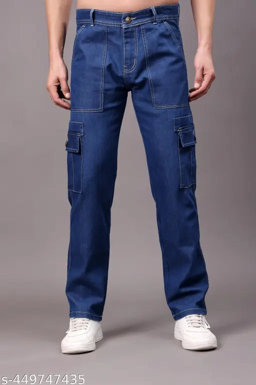 Men's blue denim cargo pants with six pockets