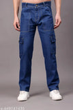 Men's blue denim cargo pants with six pockets