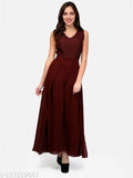 Brown Georgette lace layered jumpsuit, sleeveless V-neck style for women
