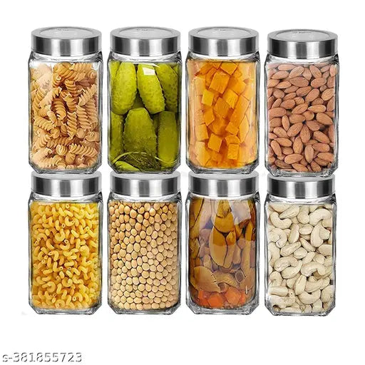 8 clear glass jars with silver lids, ideal for storage of grains, pickles, and dry fruits.