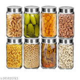 8 clear glass jars with silver lids, ideal for storage of grains, pickles, and dry fruits.