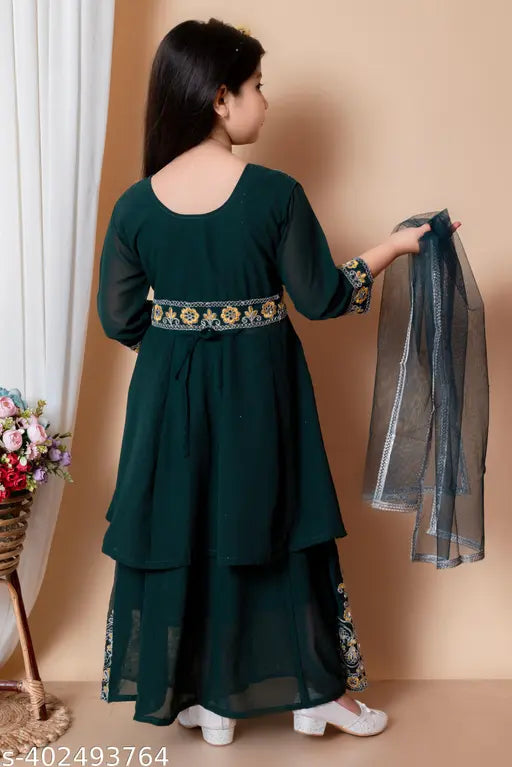 Green Georgette embroidered kids' lehenga, semi-stitched for versatility and celebration-ready fashion