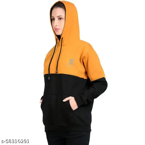 Mustard Orange & Black Cotton Blend Sweatshirt - Chanda Khuba Women's Full Sleeve Kangaroo Pocket Pullover hoodie, premium soft fleece knit for urban styling and extra comfort