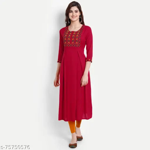 Embroidered rayon kurti-box3-red, three-quarter sleeve Indian fashion, vibrant red embroidery on model