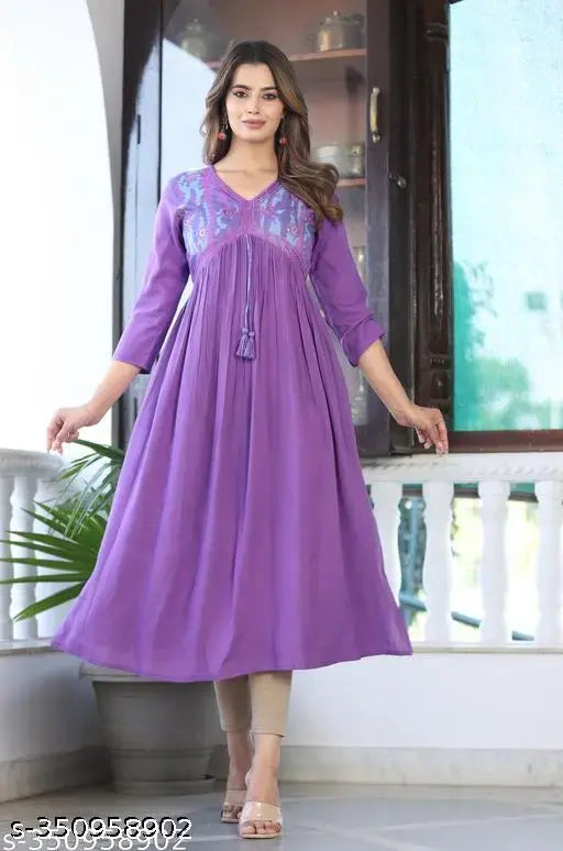 Purple tie-dye rayon kurti with embroidered yoke, three-quarter sleeves, printed combo, S to XXL