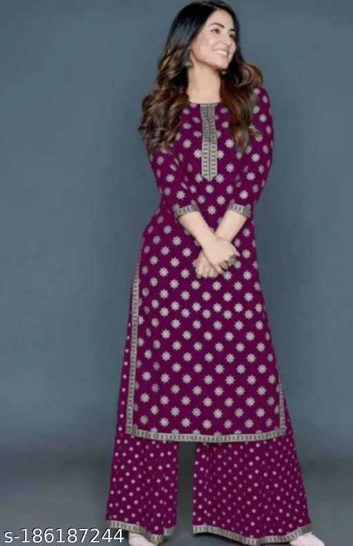 Rayon printed purple kurta with palazzo, three-quarter sleeves for women - Ethnic wear set from India, trendy & comfortable, perfect for weddings or special occasions