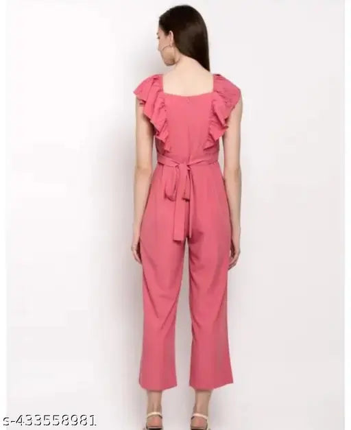 Trendy poly crepe sleeveless jumpsuit for women, solid net design in XS (34-32-46in) or S (36-34-46in), India-made fashion