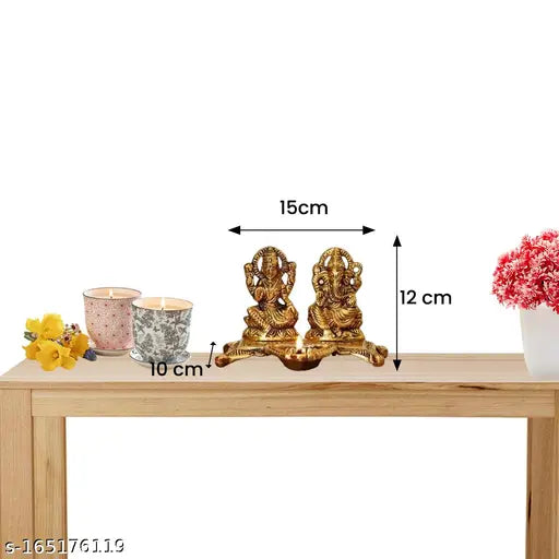 Metal handcrafted Lakshmi-Ganesh statue, Indian Diwali home decoration oil lamp