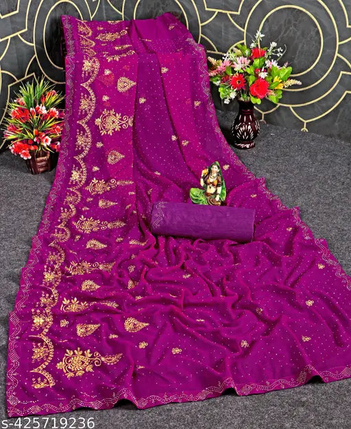 Purple, brocade silk full saree with detailed embroidery