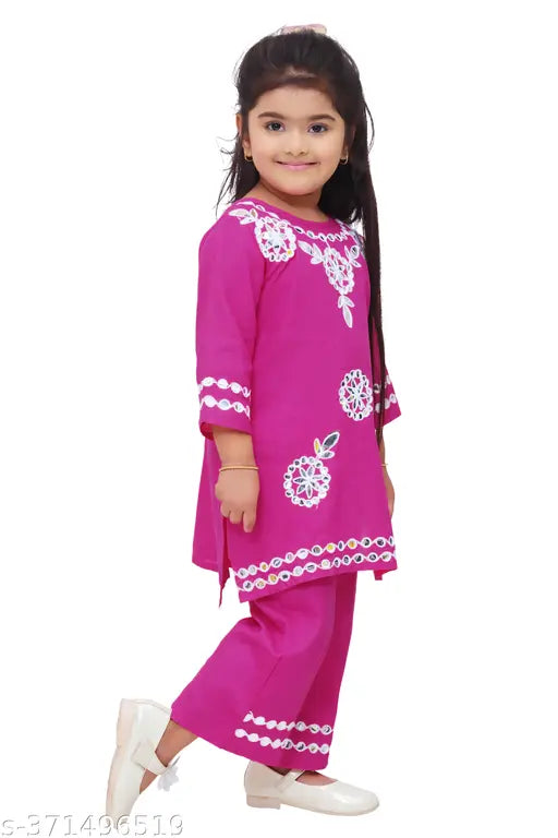 Embroidered rayon kids' kurta & pyjama set, three-quarter sleeves, 2-3 years size, Indian traditional clothing for girls on display