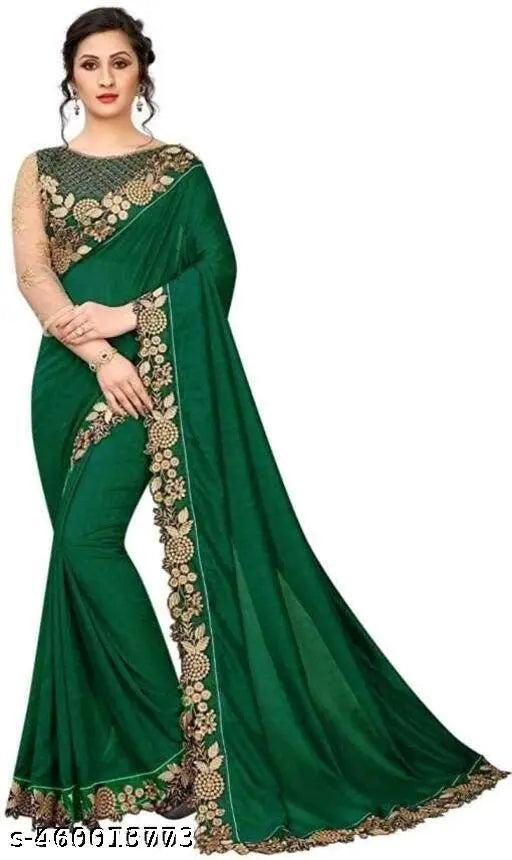 Vichitra Silk Solid Embroidered Net Blouse Saree in Dupion Fabric, Free Size (5.5m length)