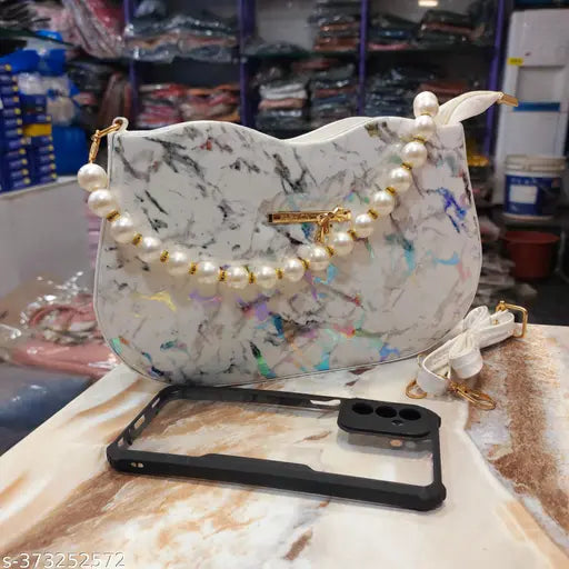Marble wavehandle sling bag, black pearls, gold zipper, handheld handle