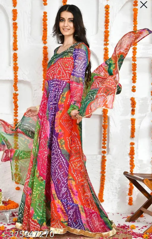 Long sleeve designer Georgette gown with dyed/washed net detail, suitable for various occasions. Traditional Indian anarkali style in M, L, XL, XXL sizes