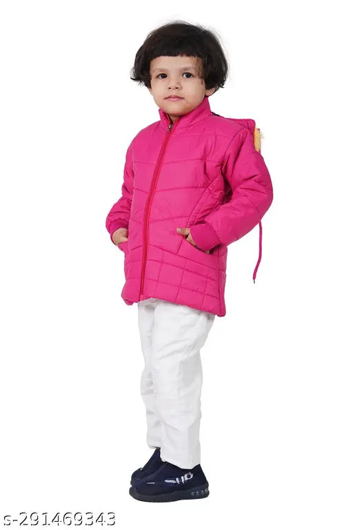 Cotton waterproof girls jacket, buttery soft fleece or faux fur material for winter wear. Solid color, size options from 2-3 to 7-8 years old, origin India