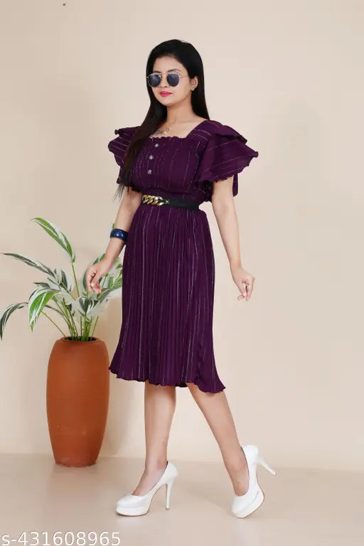 Purple striped midi dress with tie waist and sleeveless top