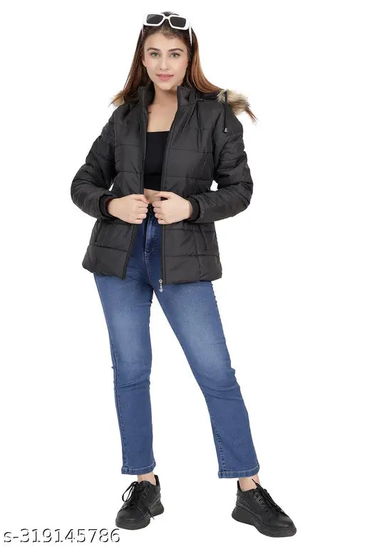 Solid polyester women's winter jacket, long sleeves, XL size (40in bust, 19in length, 17in shoulder), quilted design with hood and side pockets, perfect for winter layering