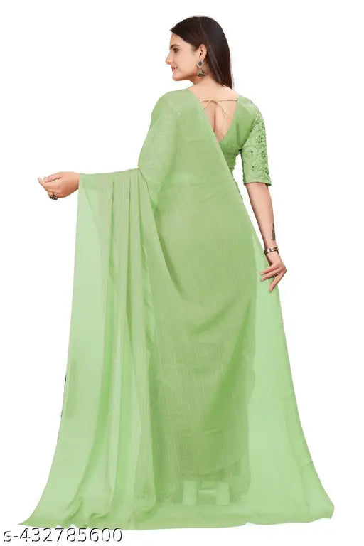 Light green chiffon georgette saree with unstitched blouse
