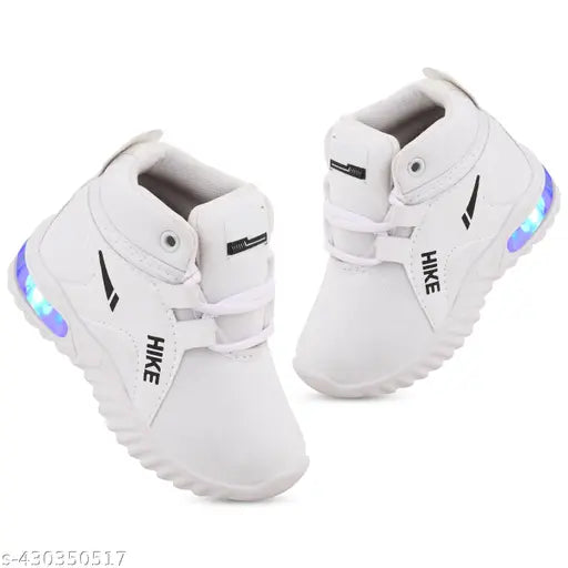 White casual sneakers with blue LED lights, velcro closures, and a sporty design