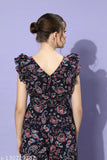 Multicolor polyester jumpsuit, Miss Chase women's solid round neck, sleeveless, frill & tie-up detailing, navy blue floral base