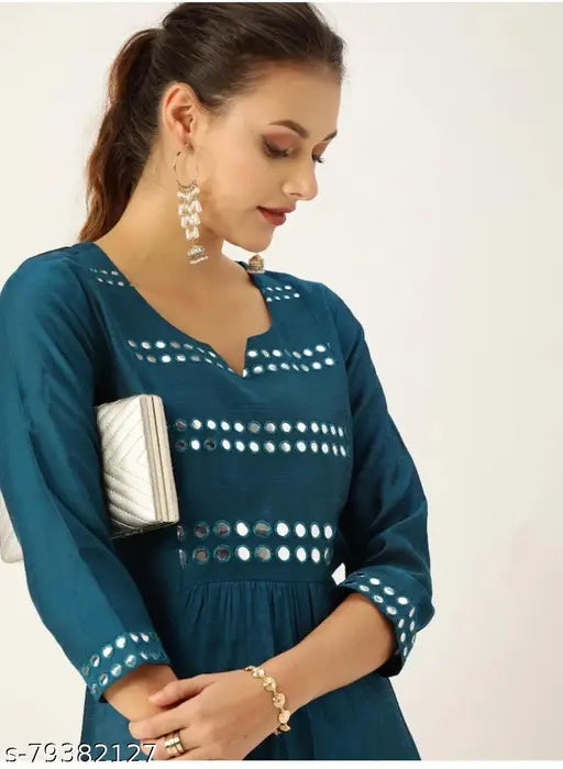 Teal cotton embellished A-Line kurta, three-quarter sleeves, silver-toned accent - Indian women's fashion