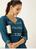 Teal cotton embellished A-Line kurta, three-quarter sleeves, silver-toned accent - Indian women's fashion