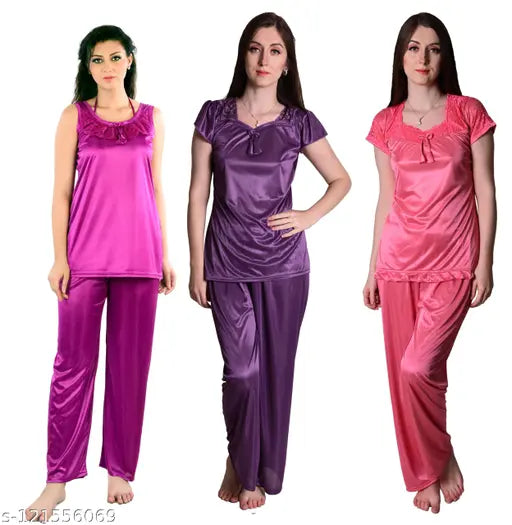 Purple coral pink wine women's satin pyjama set (pack of 3), soft and comfortable sleepwear from Dream Night Brand