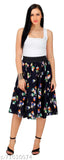 Pink rose and navy blue floral print mid-calf polyester skirt with black base, panel design, women's fashion
