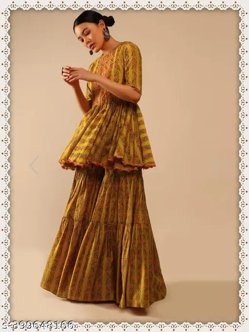 Yellow dupatta set with ruffled hem and puffed sleeves