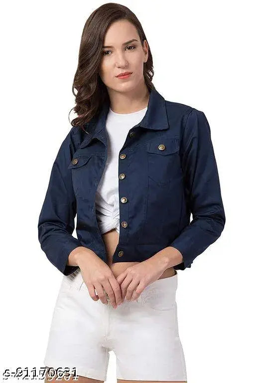 Solid denim long sleeve women's jacket from India