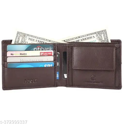 Brown genuine leather wallet and pen combo for men, featuring RFID protection and high quality craftsmanship. Solid design, hand stitched and aged for a long-lasting finish. Top grain material with natural color variation