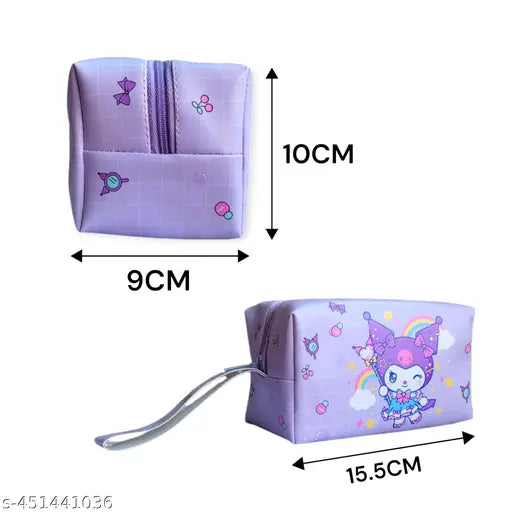 A small purple makeup bag with a zipper and a pink cat character, suitable as a travel or vanity organizer