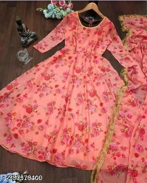 Pink georgette office gown with long sleeves and printed design, ideal for parties and collages. Women's size options available from XS to XXL, made in India