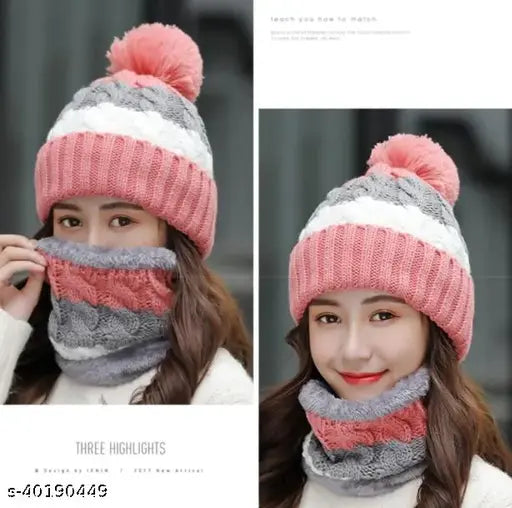 Pink and white striped beanie, knit ball cap, scarf, fur lining, winter accessory set