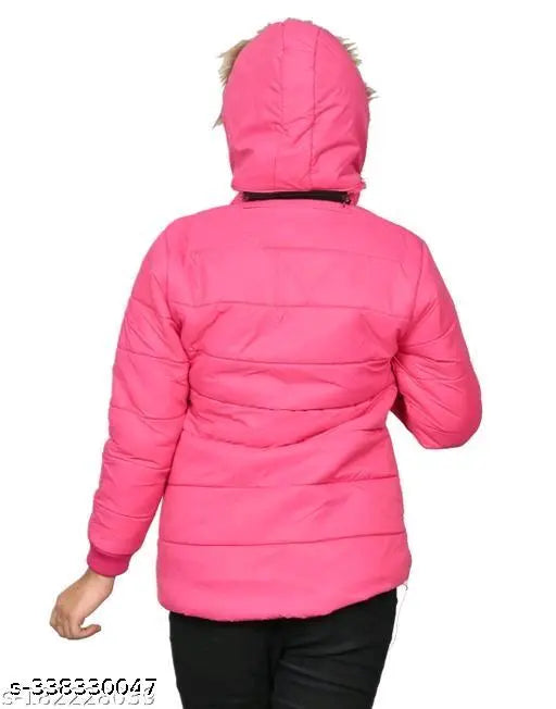 A pink hooded jacket with a zip front closure