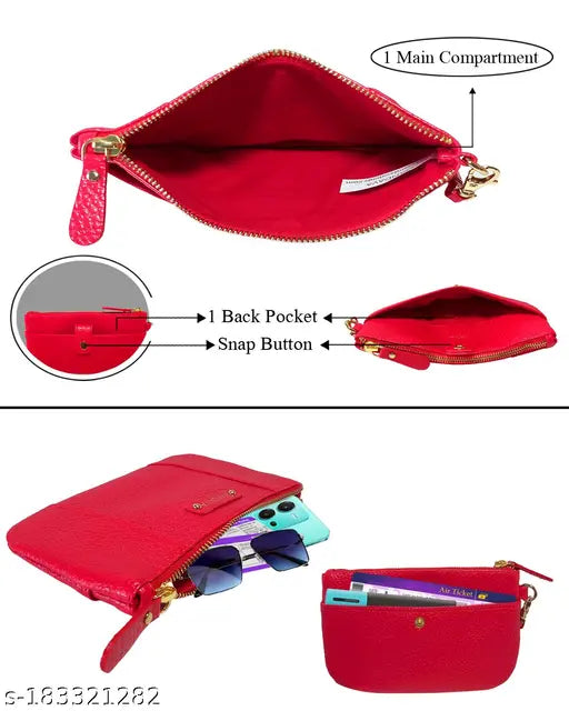 A red, PU leather hand clutch wallet for women, featuring a zipper closure and detachable wristlet strap