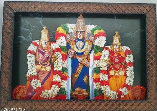 Synthetic resin Hindu photo frame, 9x12 inches featuring Tirupati Balaji Kalyanam, Lord Sri Venkateswara Swamy, Sridevi Bhudevi, Malayappa Swamy - Indian religious art