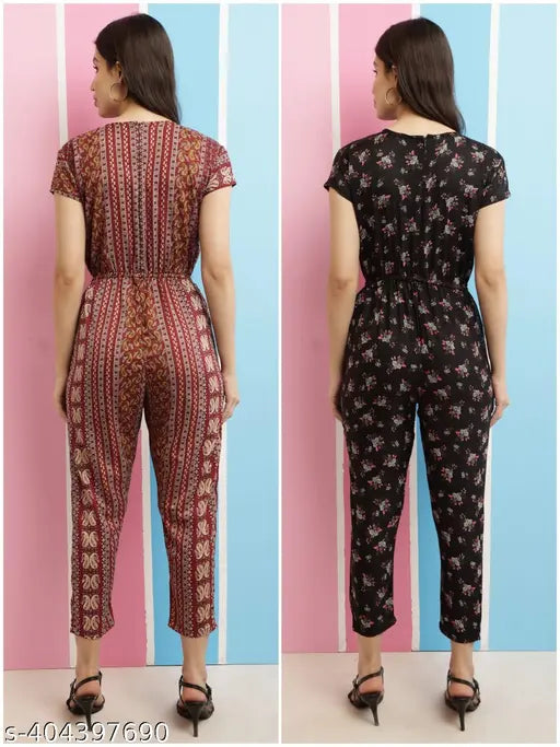 Printed rayon combo jumpsuit for women and girls, short sleeves, colorful pattern on display