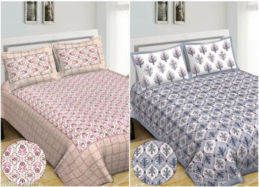 White and floral RRW Real Jaipuri Cotton king-size bedsheets & pillow covers, 180 thread count - Indian handcrafted