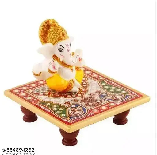 Marble Mukut Ganesh Idol, Indian hand-carved 4x4 inch Ganesh stature with 3-inch height