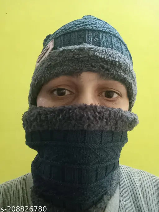 Black wool beanie cap hat with faux fur lining & muffler scarf, thick fleece winter knit for all