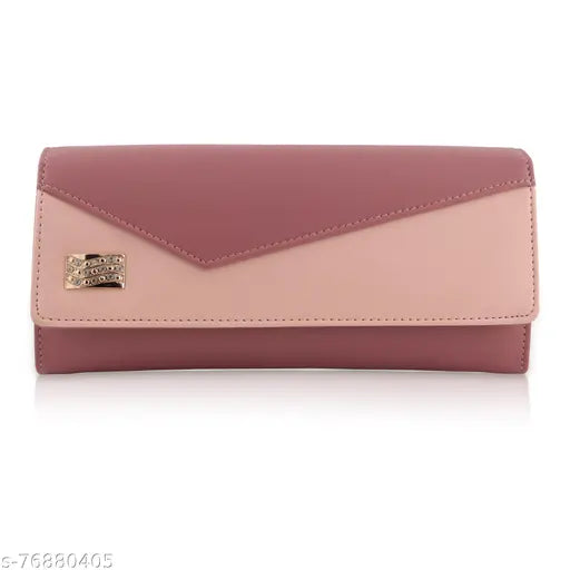 Purple clutch wallet, rectangular flap with card slot, embossed designer logo