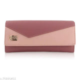 Purple clutch wallet, rectangular flap with card slot, embossed designer logo
