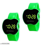 Digital watch shaped like an apple with a green case, black screen, LED numbers and hands, set of two, boys girls