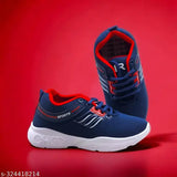 Sports shoe, navy blue with red detailing, lace-up closure, white soles