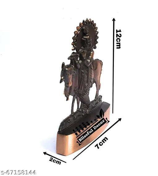 Small metal, copper-plated Krishna with cow statues for home decor or office showpiece, antique finish, Indian origin (Krishna with Cow)
